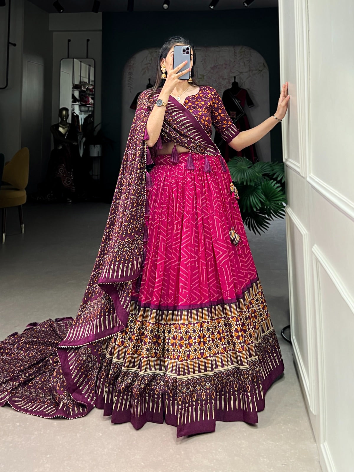Tussar silk fabric Bandhej with Ajrakh print work Lehenga Choli with Dupatta