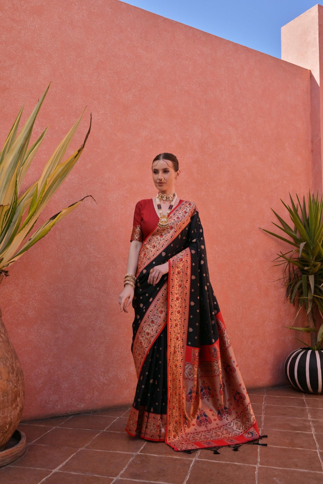 Soft banarasi silk fabric with contrast weaving border work saree Women's wear sari blouse