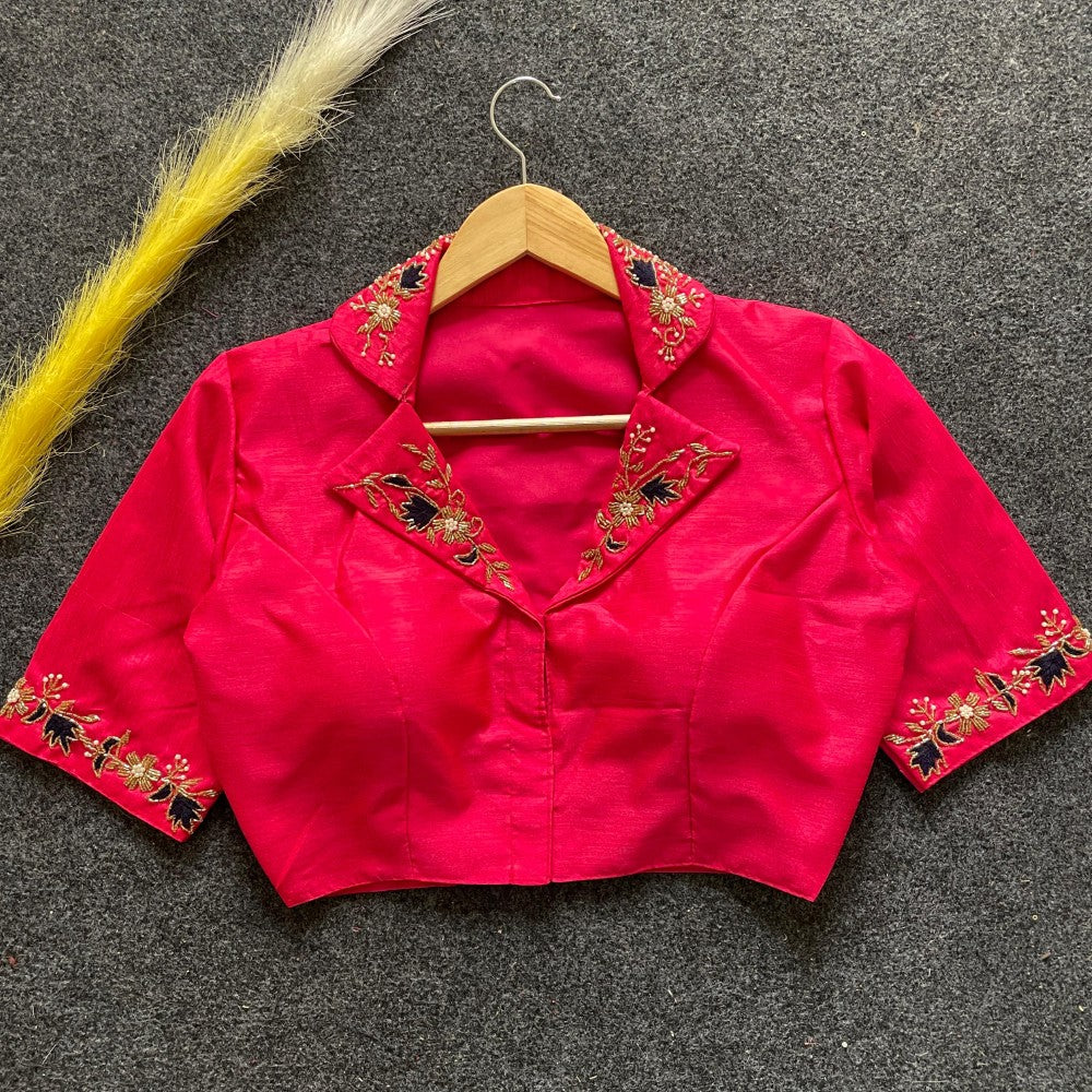 Collar neck Women's wear Blouse Silk fabric Handcrafted work Padded short sleeve blouse