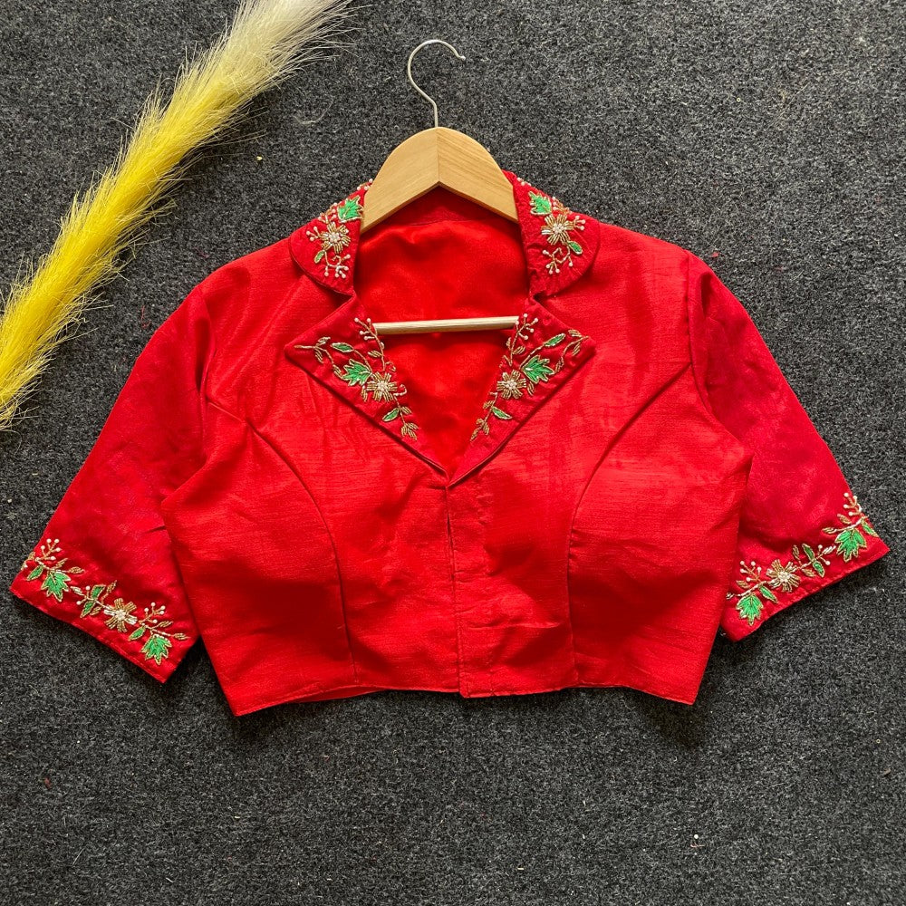 Collar neck Women's wear Blouse Silk fabric Handcrafted work Padded short sleeve blouse