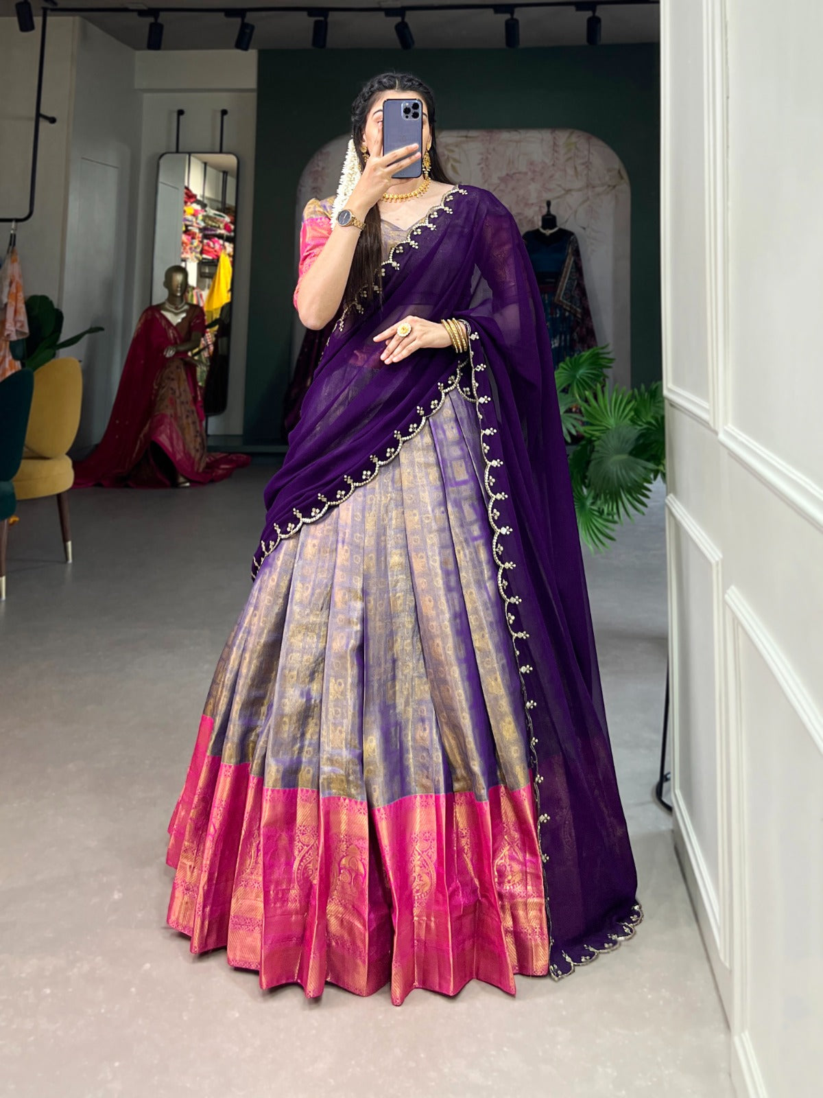 Kanjivaram with Zari weaving work Lehenga Choli with Embroidered Dupatta