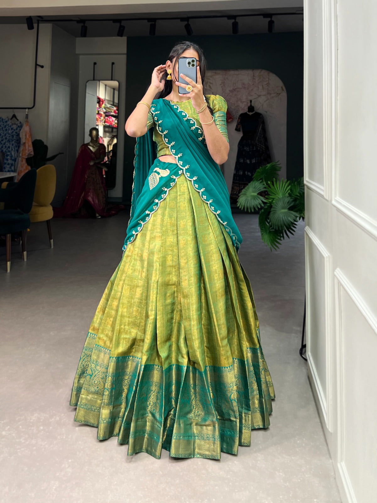Kanjivaram with Zari weaving work Lehenga Choli with Embroidered Dupatta