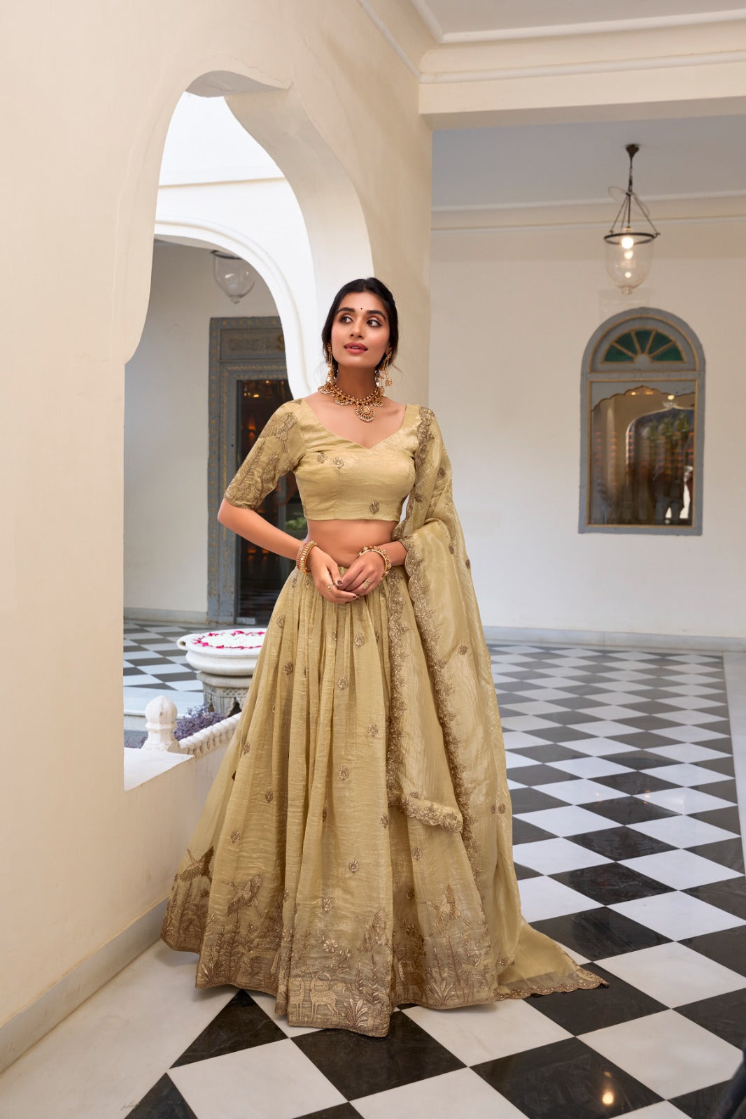 Sequins lehenga Gold crush with thread embroidery work Lehenga Choli with Dupatta