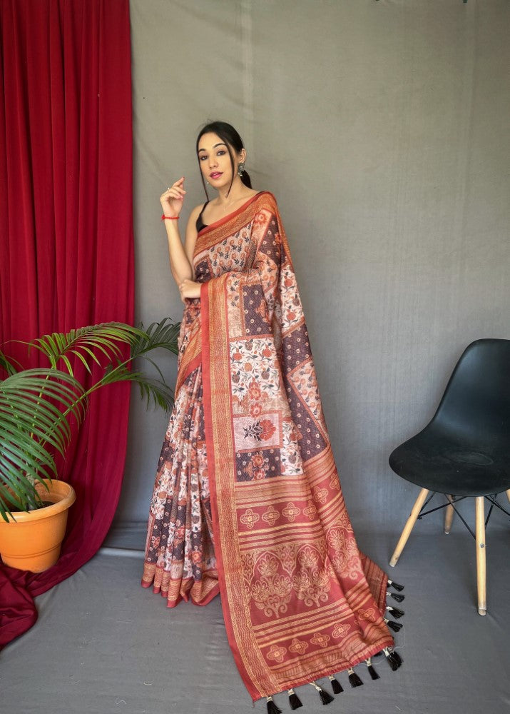 Women's wear Cotton fabric Sari Kashmiri digital print work saree