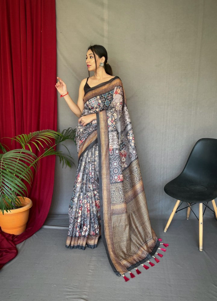 Women's wear Cotton fabric Sari Kashmiri digital print work saree