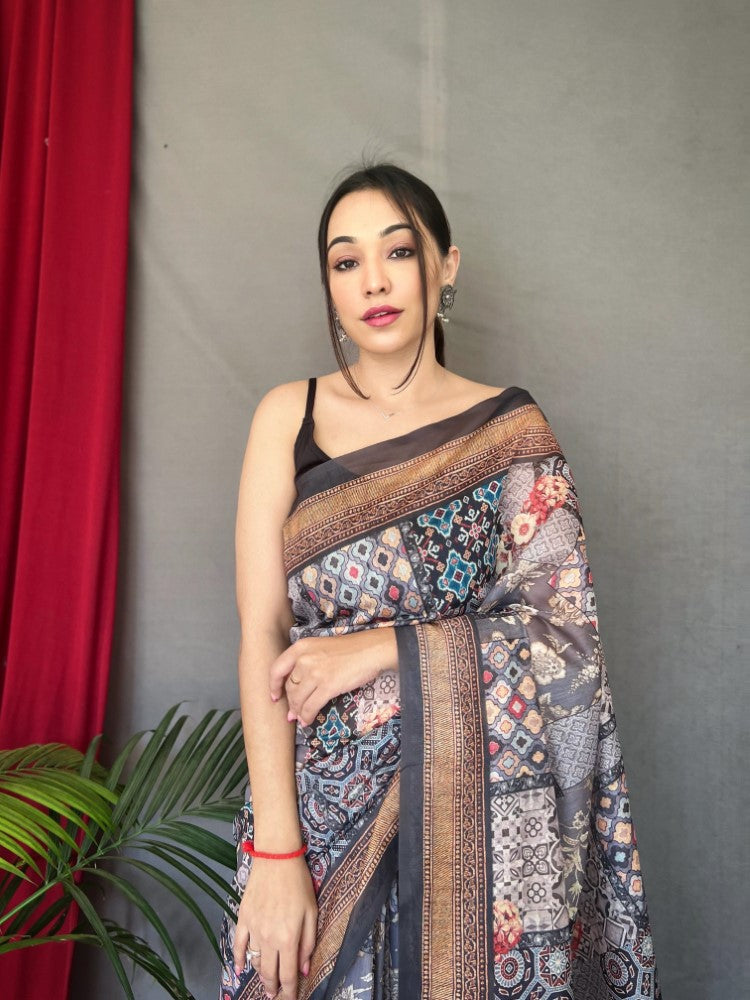 Women's wear Cotton fabric Sari Kashmiri digital print work saree