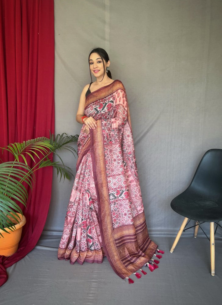 Women's wear Cotton fabric Sari Kashmiri digital print work saree
