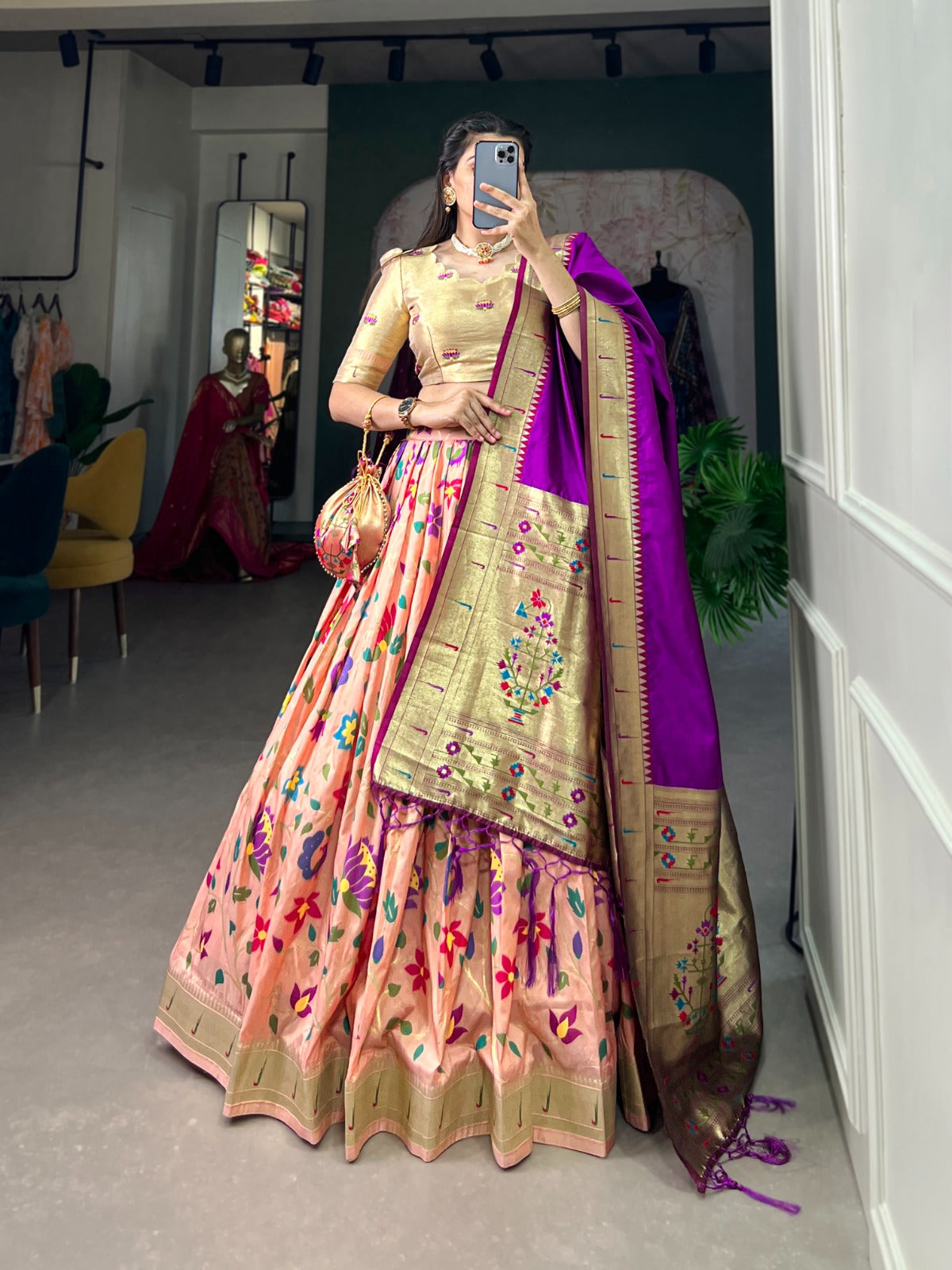 Jacquard silk with Weaving zari work Paithani Lehenga Choli with Batwa