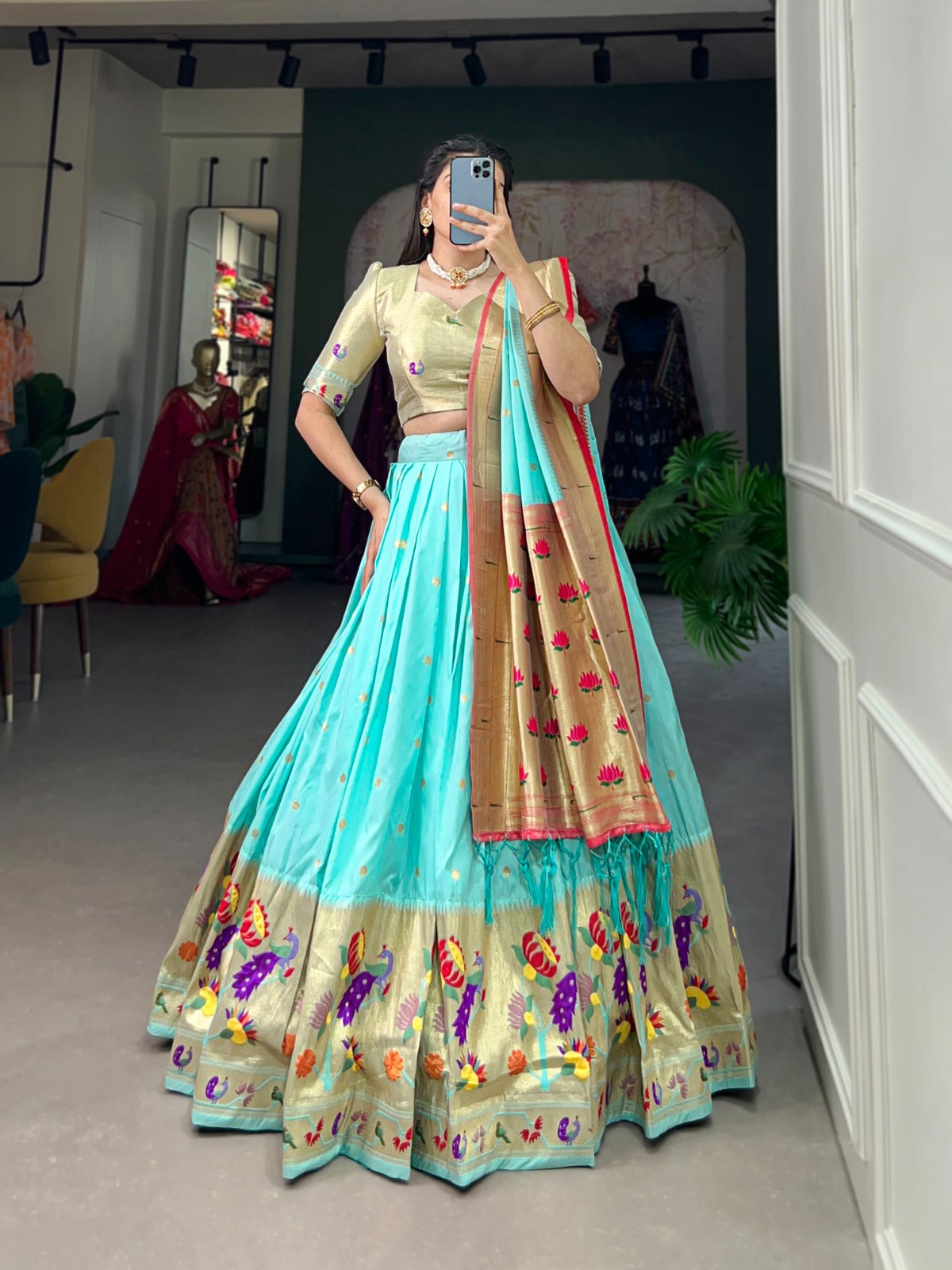 Jacquard silk with Weaving zari work Paithani Lehenga Choli with Batwa