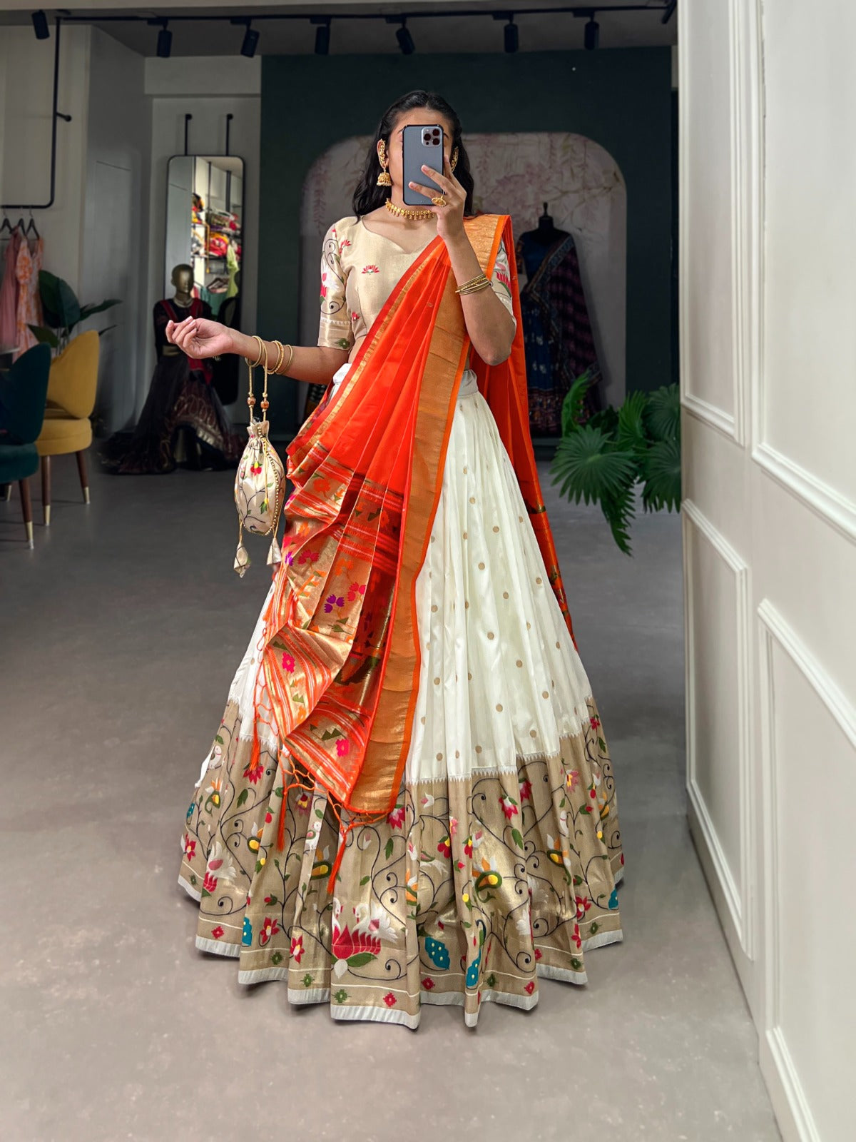 Jacquard silk with Weaving zari work Paithani Lehenga Choli with Batwa