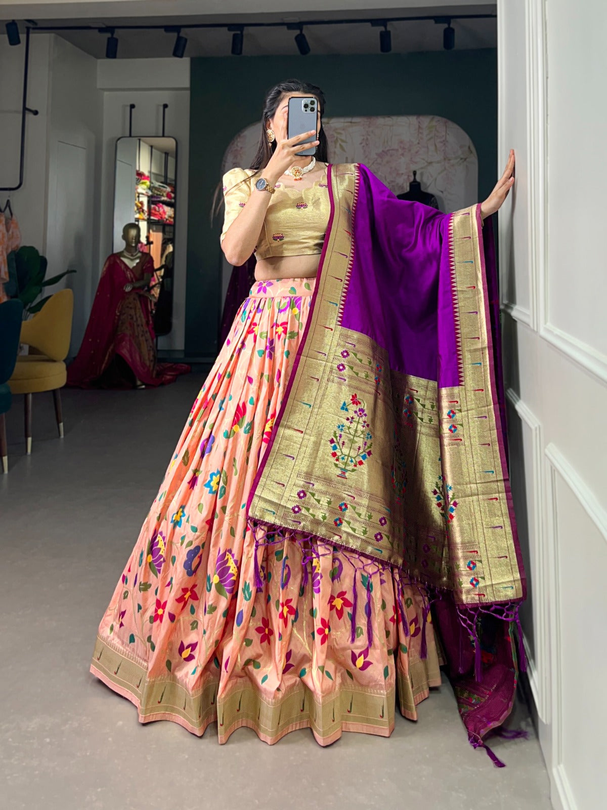 Jacquard silk with Weaving zari work Paithani Lehenga Choli with Batwa