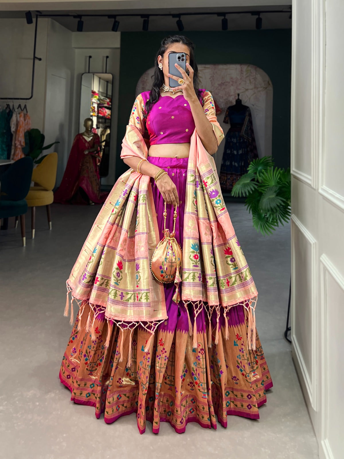 Jacquard silk with Weaving zari work Paithani Lehenga Choli with Batwa