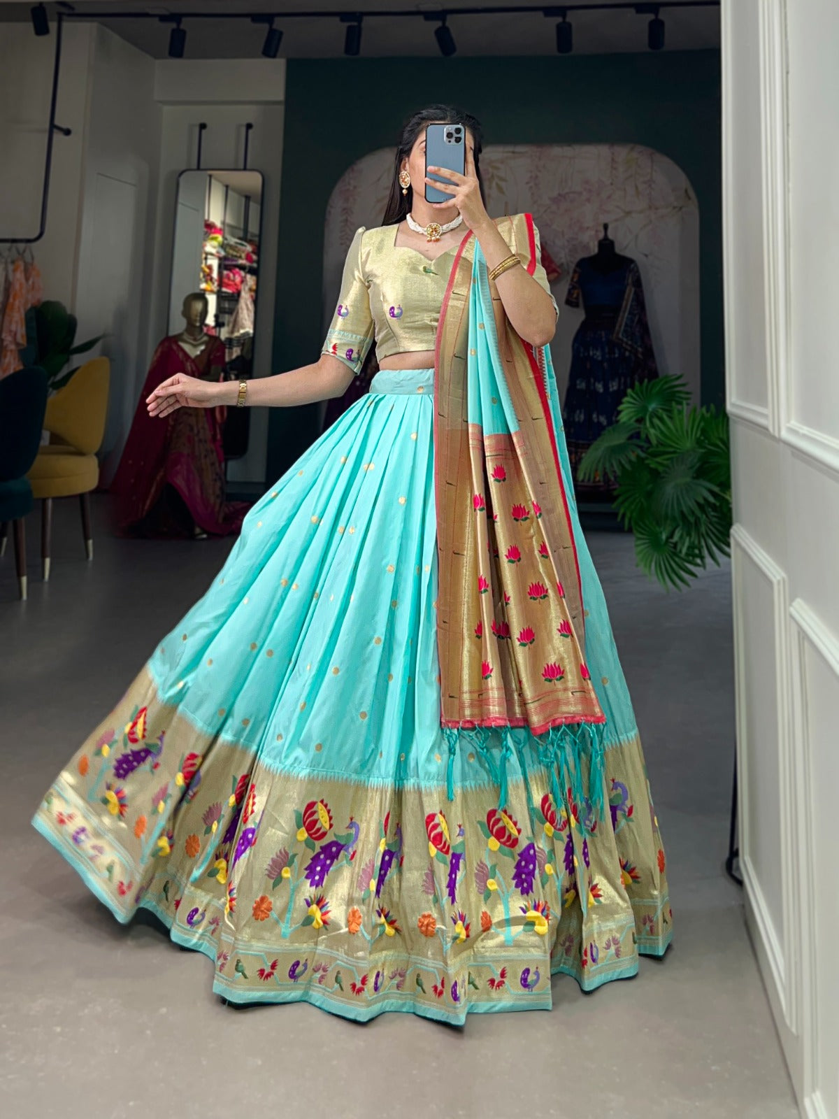 Jacquard silk with Weaving zari work Paithani Lehenga Choli with Batwa