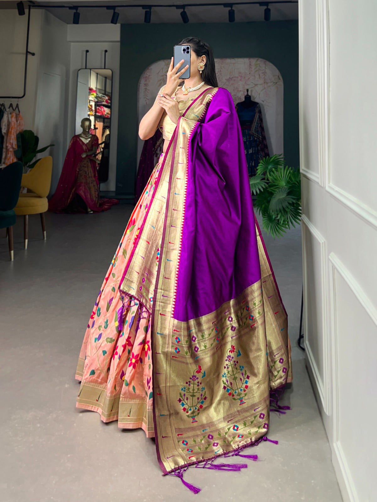 Jacquard silk with Weaving zari work Paithani Lehenga Choli with Batwa