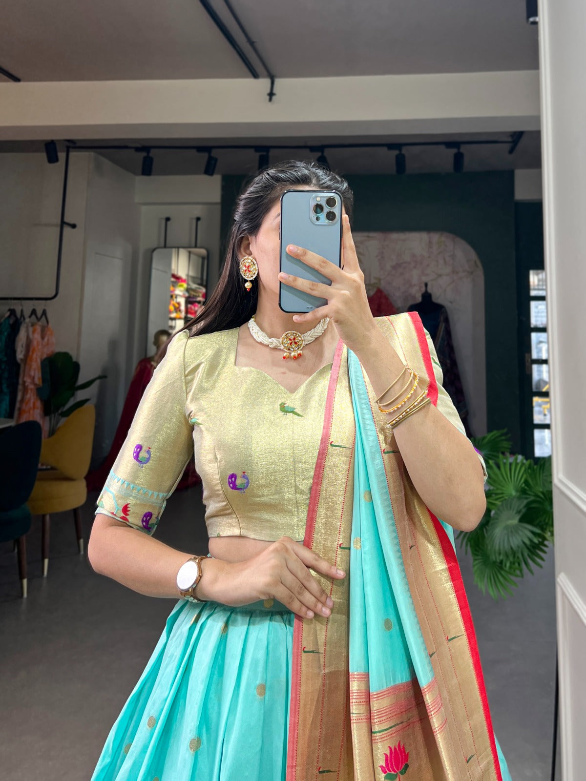 Jacquard silk with Weaving zari work Paithani Lehenga Choli with Batwa