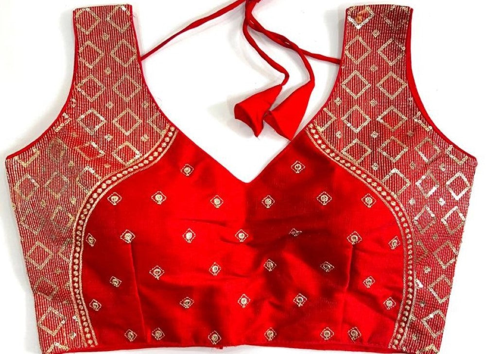 Sleeveless blouse Milan silk fabric Thread zari with sequence work blouse Deep v neck blouse