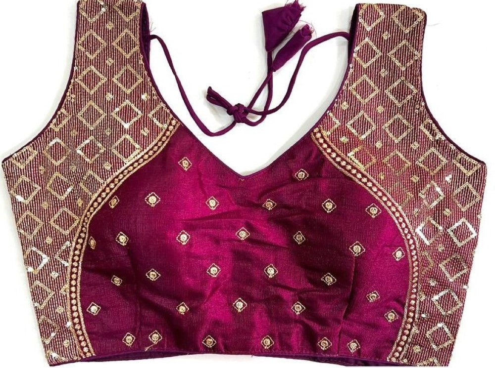 Sleeveless blouse Milan silk fabric Thread zari with sequence work blouse Deep v neck blouse