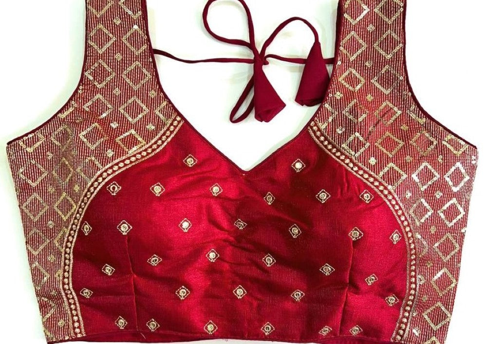 Sleeveless blouse Milan silk fabric Thread zari with sequence work blouse Deep v neck blouse