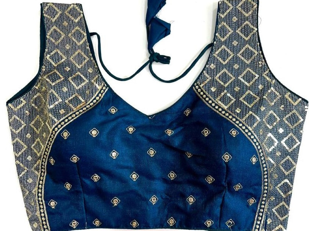 Sleeveless blouse Milan silk fabric Thread zari with sequence work blouse Deep v neck blouse