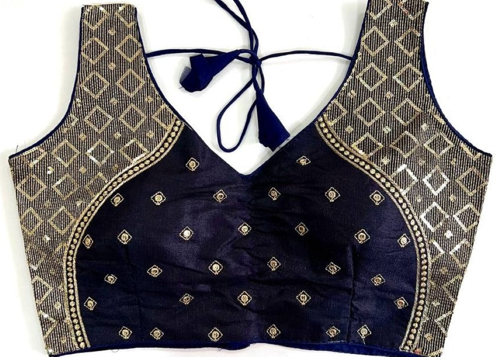 Sleeveless blouse Milan silk fabric Thread zari with sequence work blouse Deep v neck blouse