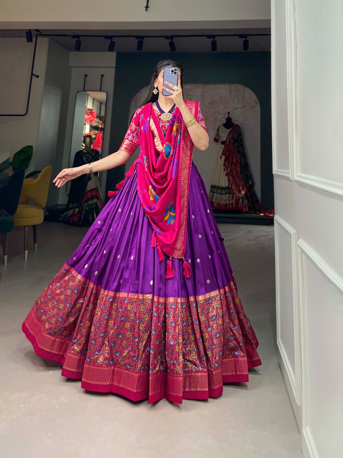 Purple tussar silk with Foil work Printed lehenga blouse with Dupatta