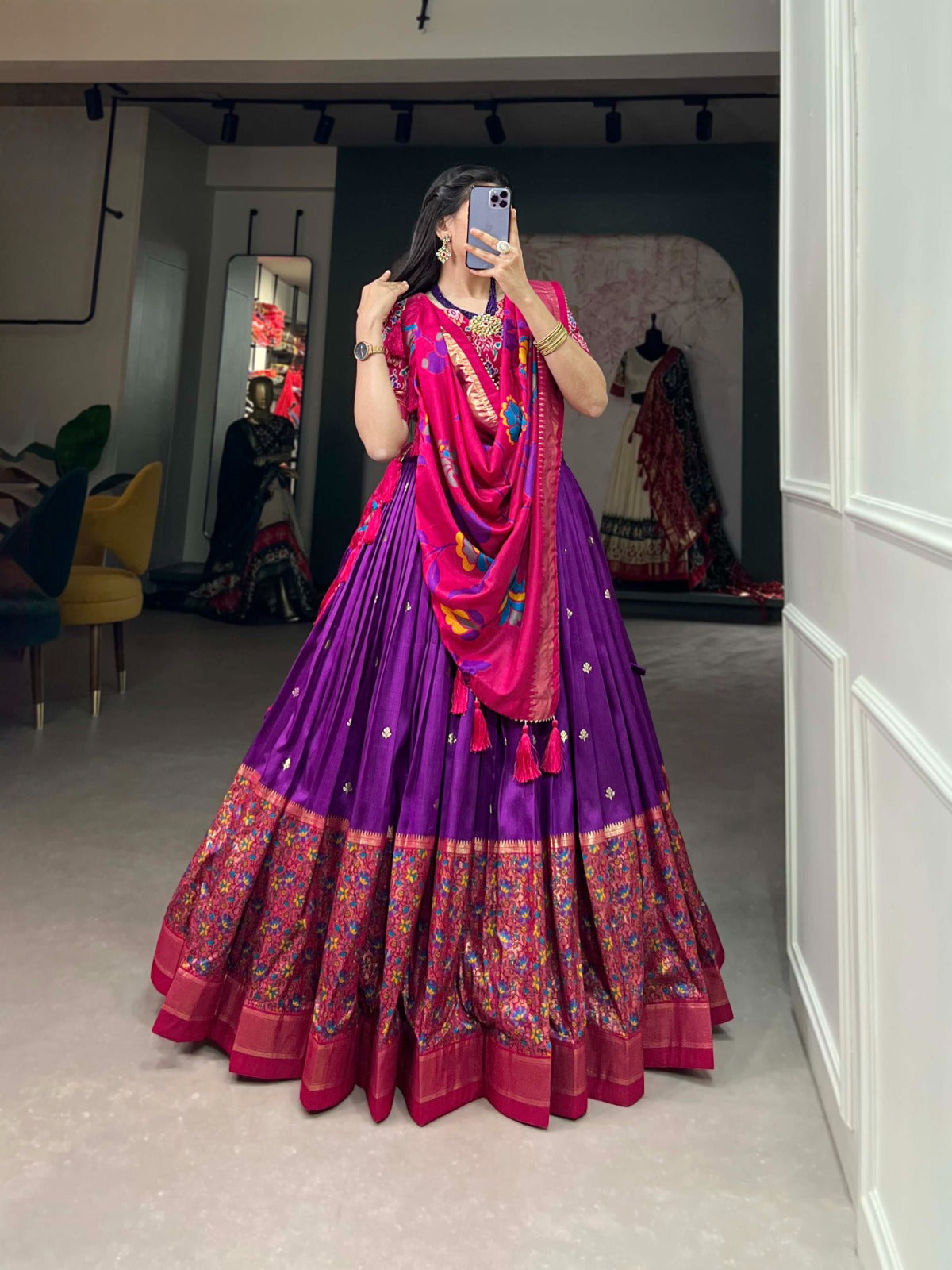 Purple tussar silk with Foil work Printed lehenga blouse with Dupatta