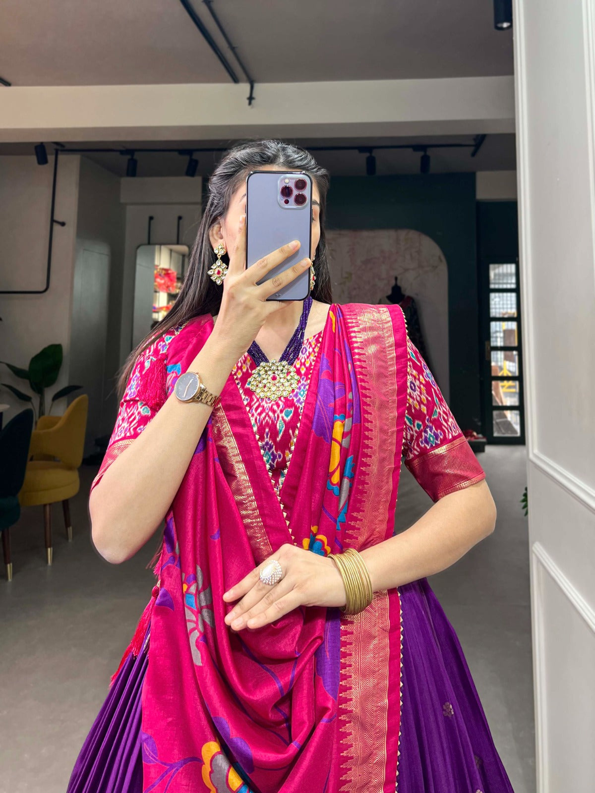 Purple tussar silk with Foil work Printed lehenga blouse with Dupatta
