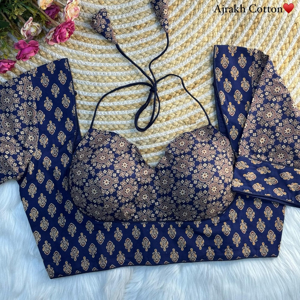 Ajrakh print Cotton fabric Halter neck blouse Women's wear Readymade padded blouse
