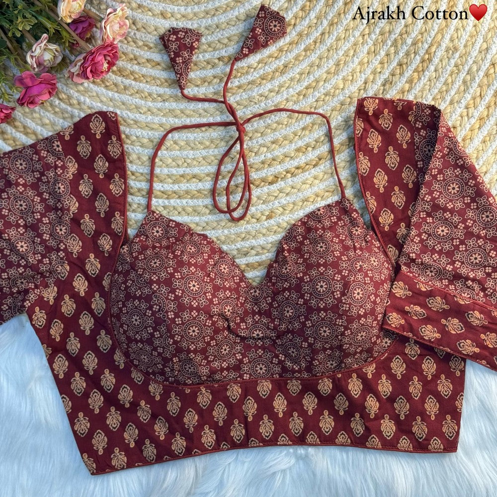 Ajrakh print Cotton fabric Halter neck blouse Women's wear Readymade padded blouse