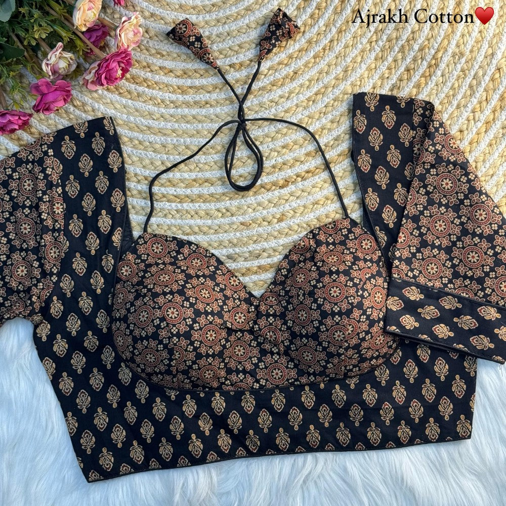 Ajrakh print Cotton fabric Halter neck blouse Women's wear Readymade padded blouse