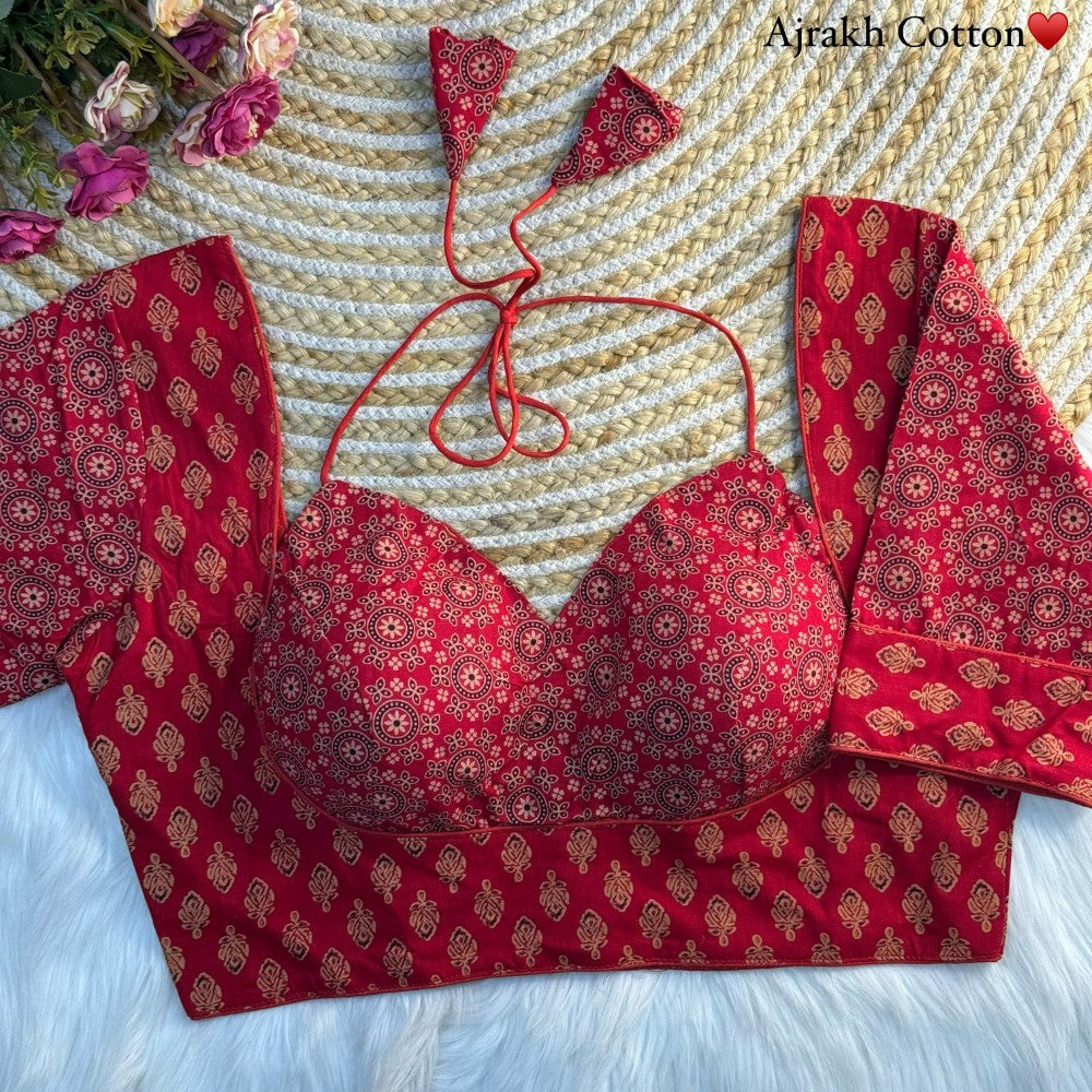 Ajrakh print Cotton fabric Halter neck blouse Women's wear Readymade padded blouse