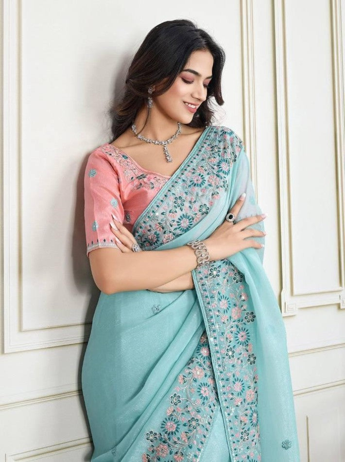 Sky blue saree Crunchy soft organza fabric with embroidery border work saree