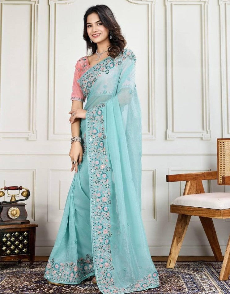 Sky blue saree Crunchy soft organza fabric with embroidery border work saree