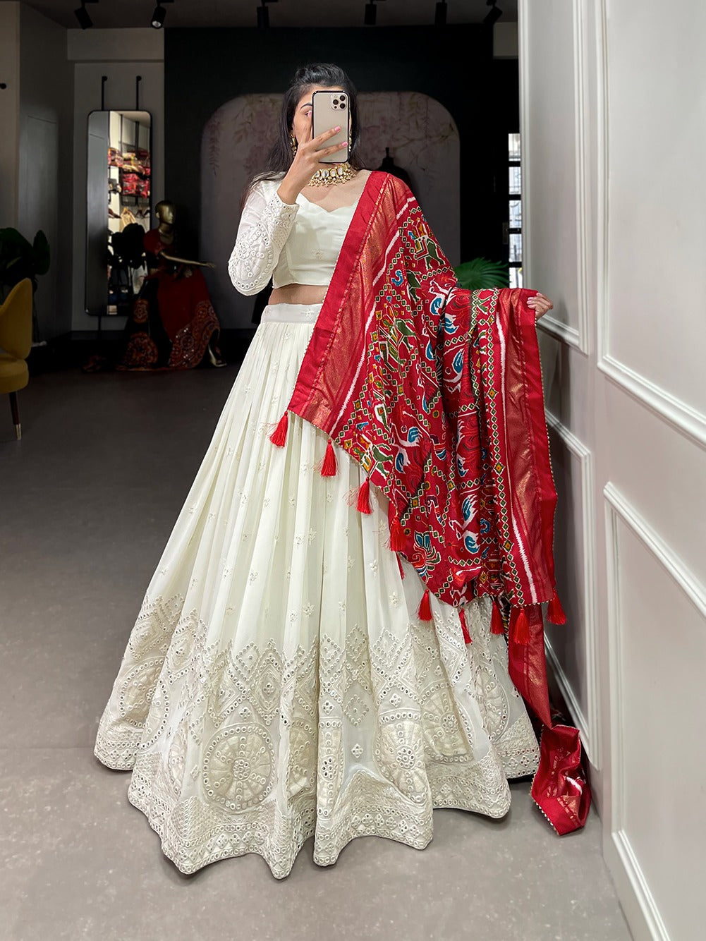 Off white Georgette with Lucknowi paper mirror work Lehenga choli with Dupatta
