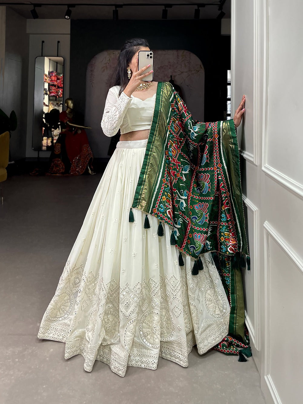 Off white Georgette with Lucknowi paper mirror work Lehenga choli with Dupatta