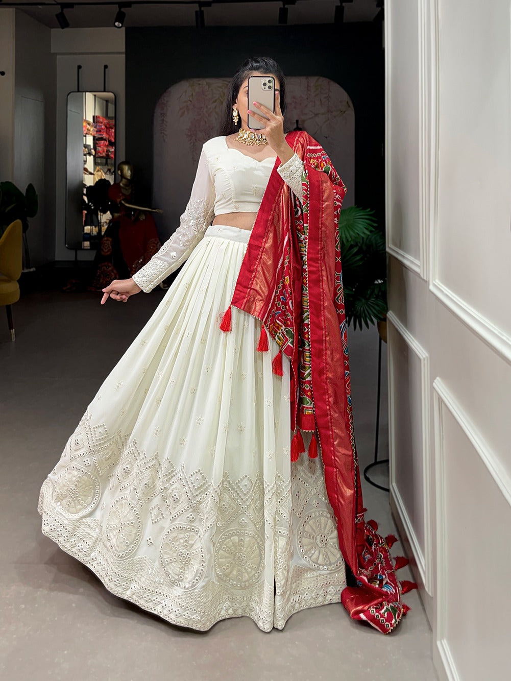 Off white Georgette with Lucknowi paper mirror work Lehenga choli with Dupatta