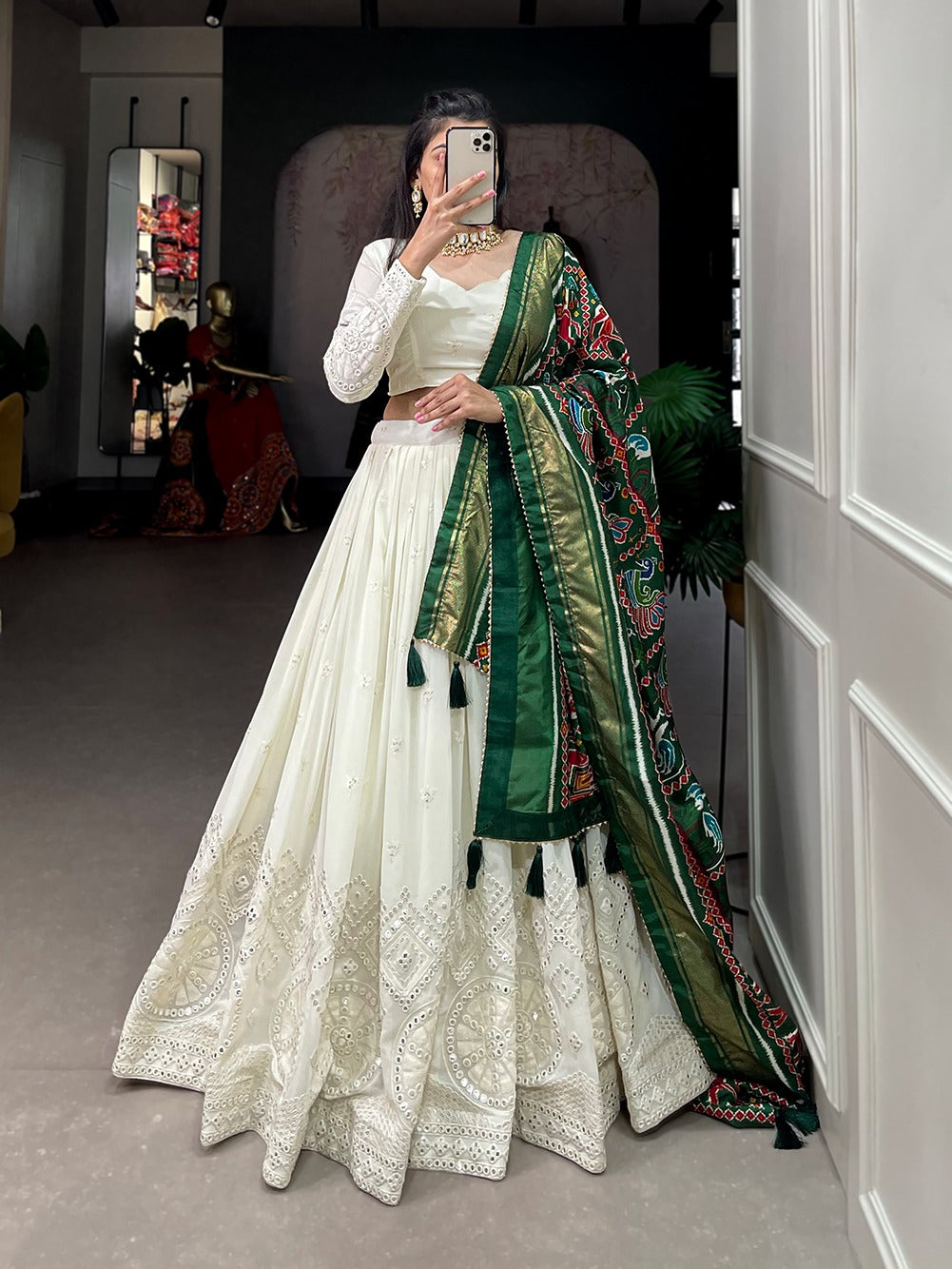 Off white Georgette with Lucknowi paper mirror work Lehenga choli with Dupatta