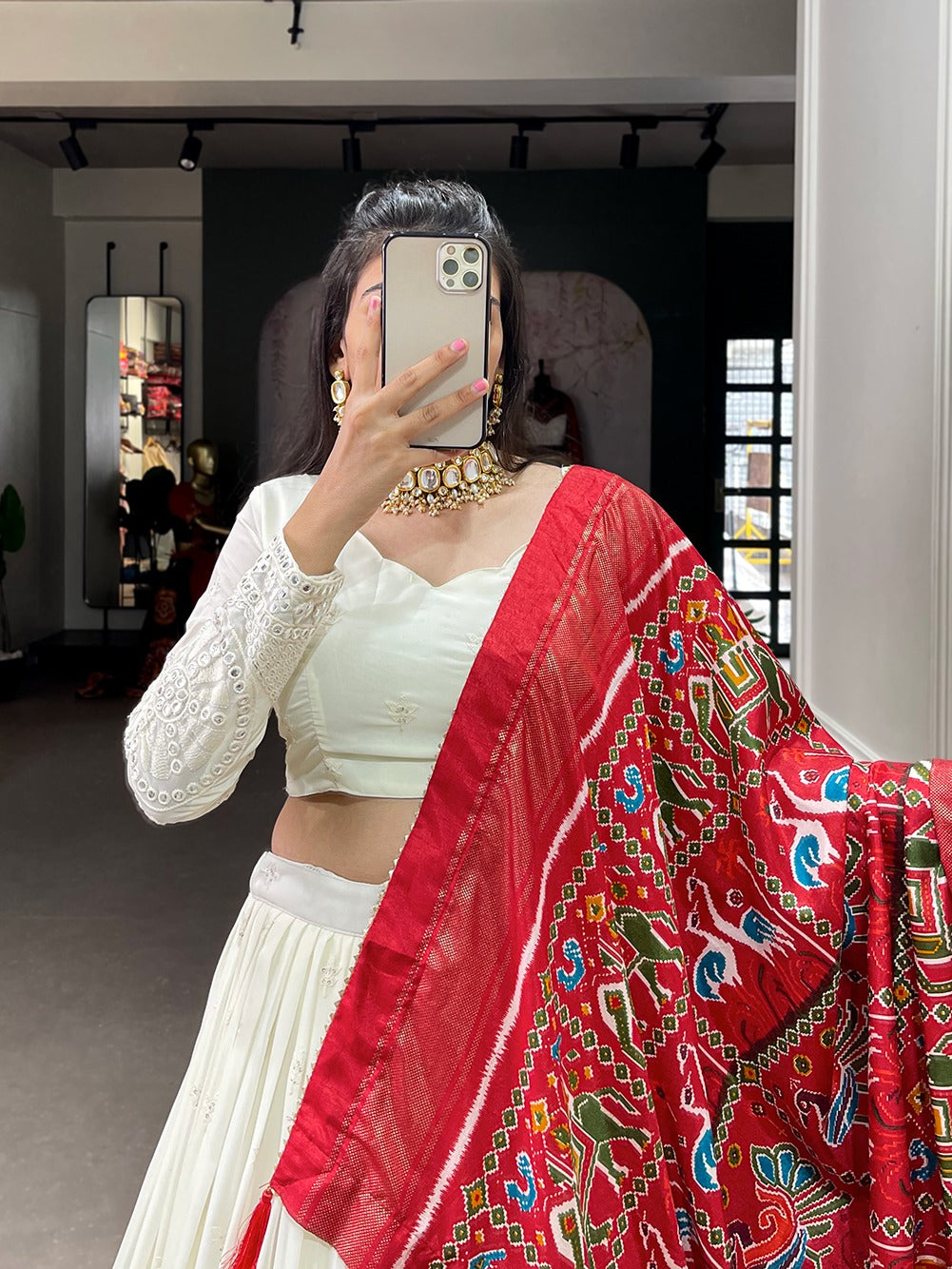 Off white Georgette with Lucknowi paper mirror work Lehenga choli with Dupatta