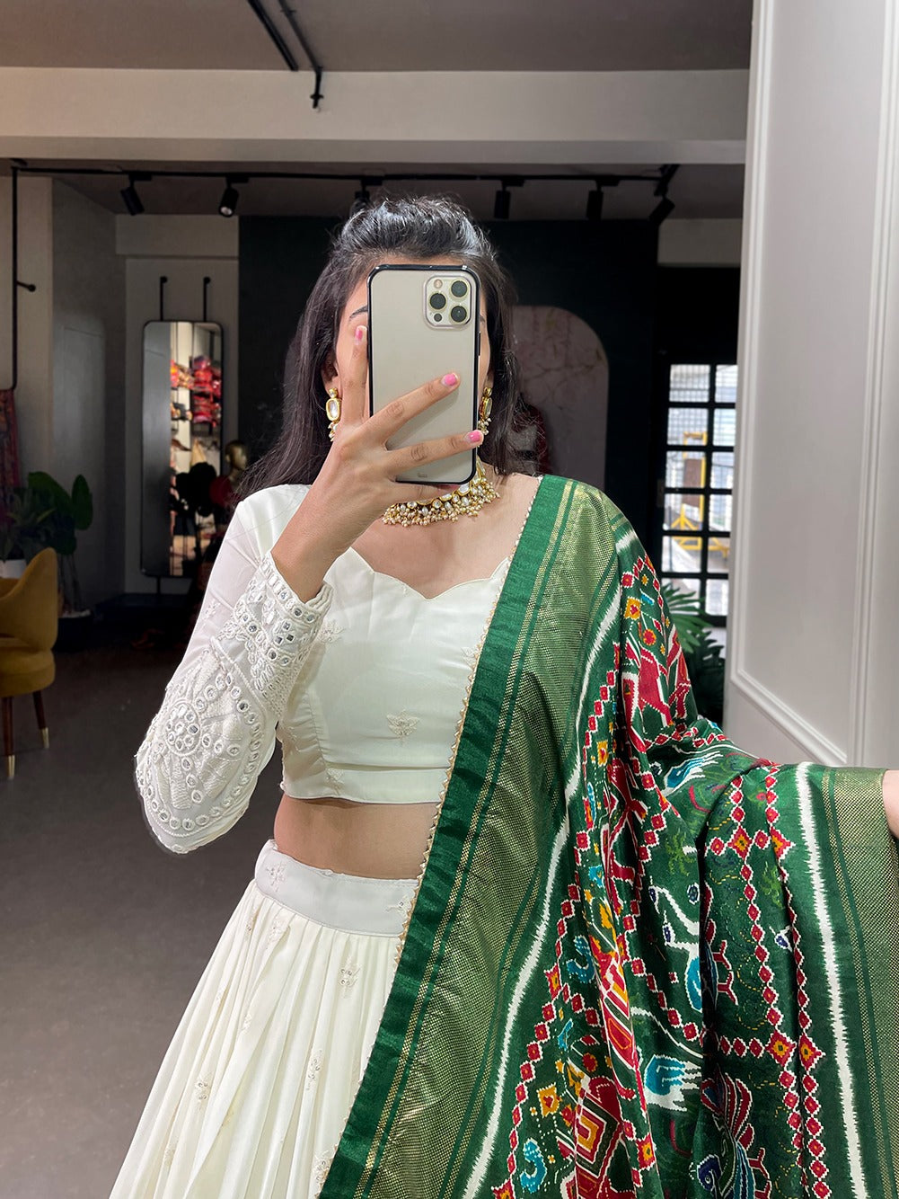 Off white Georgette with Lucknowi paper mirror work Lehenga choli with Dupatta