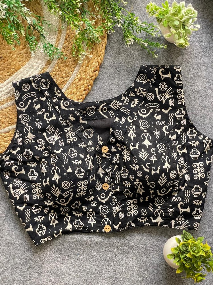 Readymade blouse V neck Sleeveless ajrakh print work Cotton blouse Padded saree blouse