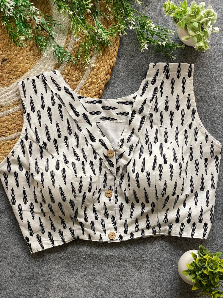 Readymade blouse V neck Sleeveless ajrakh print work Cotton blouse Padded saree blouse