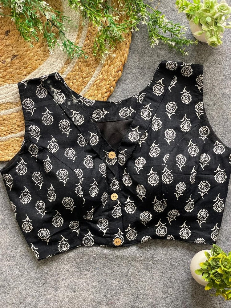 Readymade blouse V neck Sleeveless ajrakh print work Cotton blouse Padded saree blouse