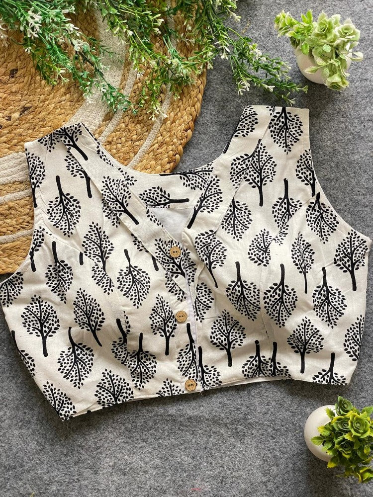 Readymade blouse V neck Sleeveless ajrakh print work Cotton blouse Padded saree blouse