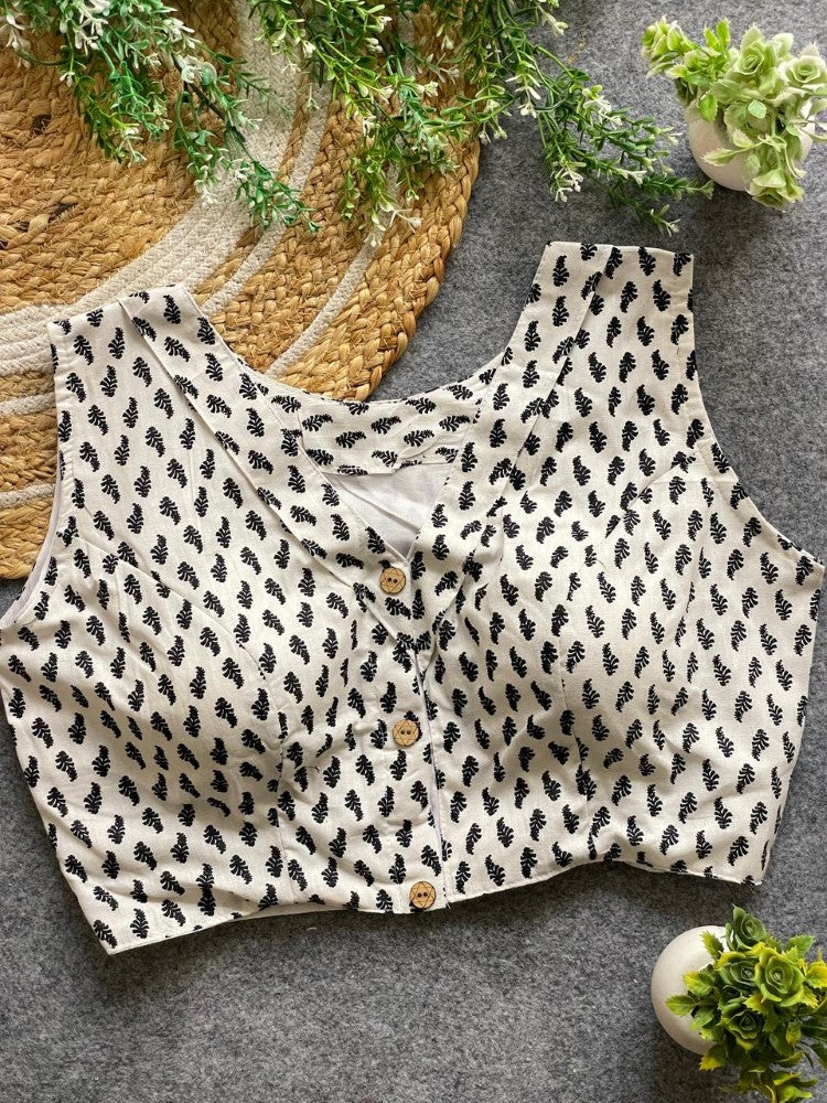 Readymade blouse V neck Sleeveless ajrakh print work Cotton blouse Padded saree blouse