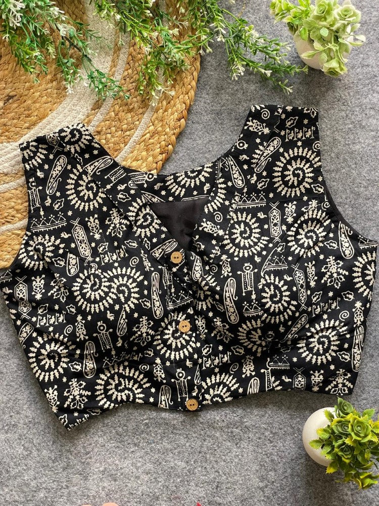 Readymade blouse V neck Sleeveless ajrakh print work Cotton blouse Padded saree blouse