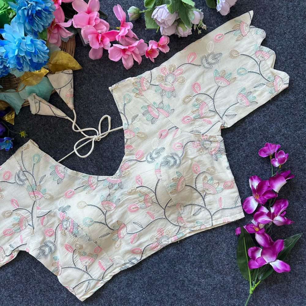 White blouse Cotton fabric Multicolor thread embroidery with sequence work blouse Women wear