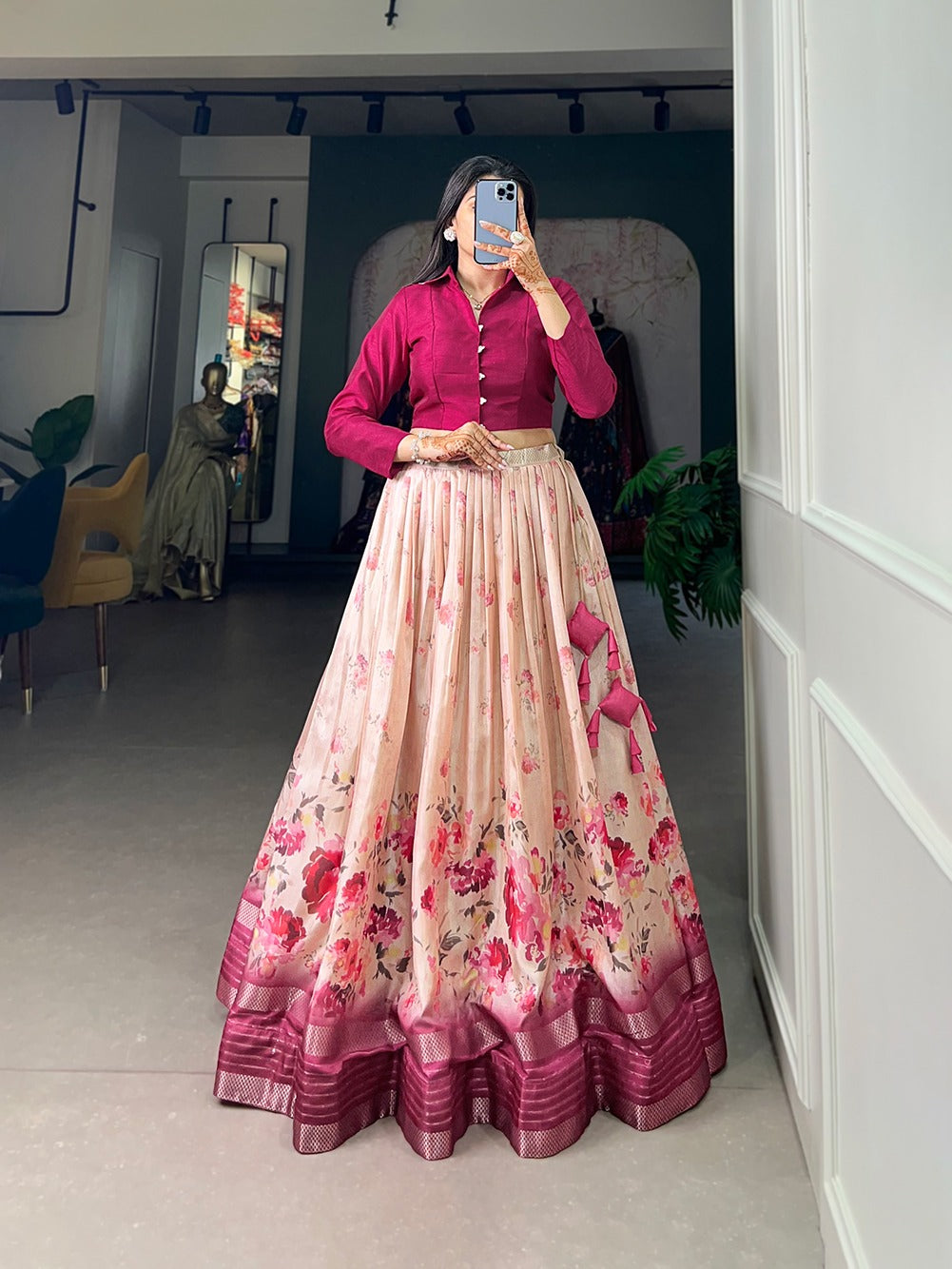Printed lehenga choli Dola silk fabric Readymade lehenga with stitched blouse Festive Lehenga Co-Ord Set