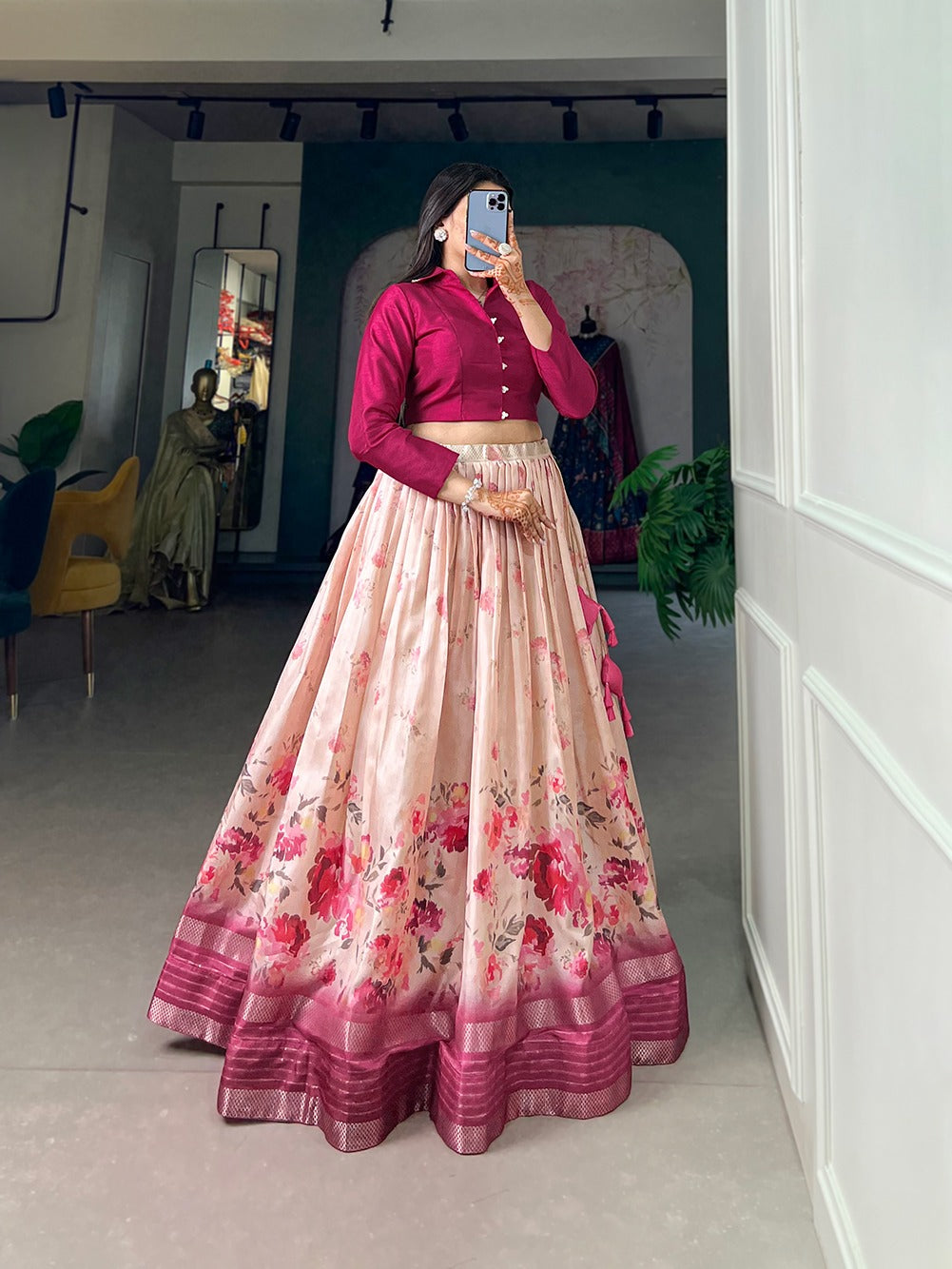 Printed lehenga choli Dola silk fabric Readymade lehenga with stitched blouse Festive Lehenga Co-Ord Set