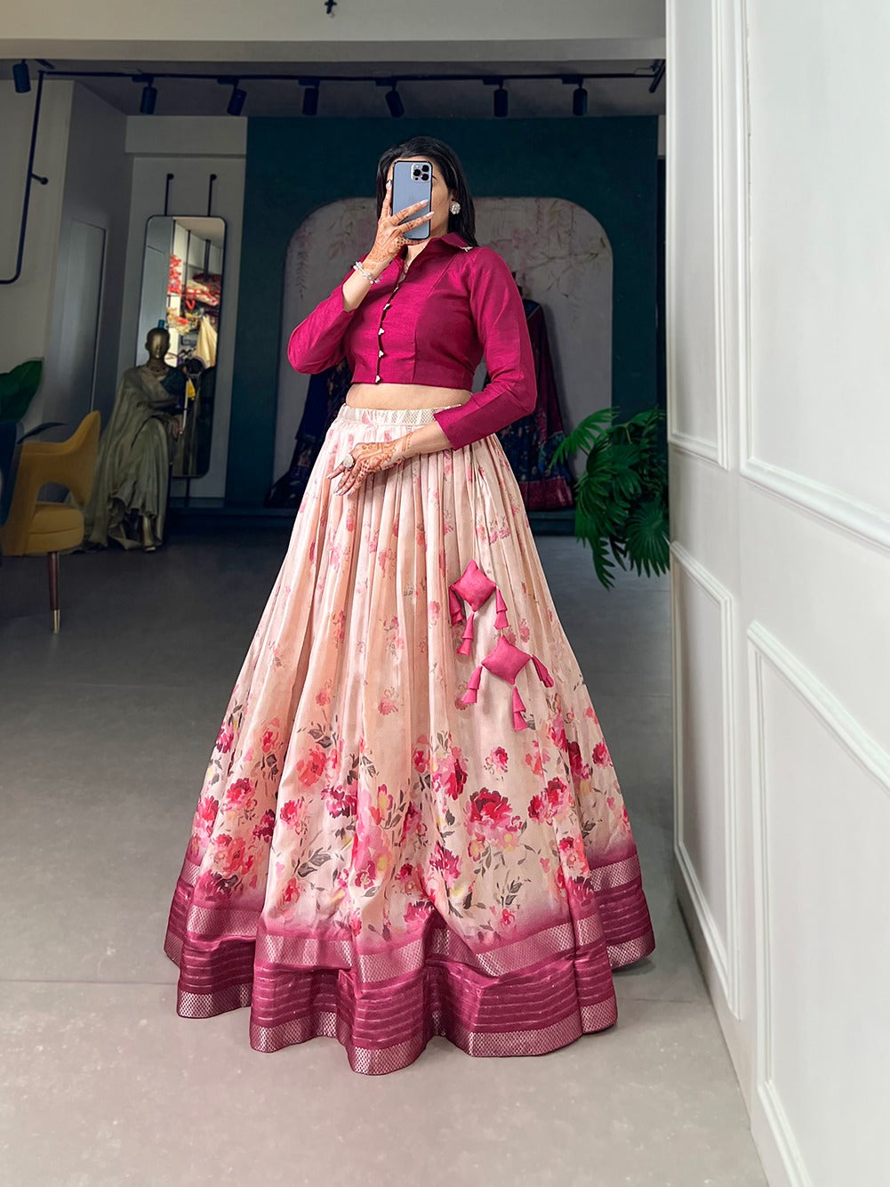 Printed lehenga choli Dola silk fabric Readymade lehenga with stitched blouse Festive Lehenga Co-Ord Set