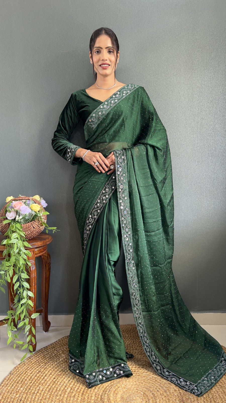 Ready to wear Premium rangoli silk fabric Swarovski with Real mirror work saree